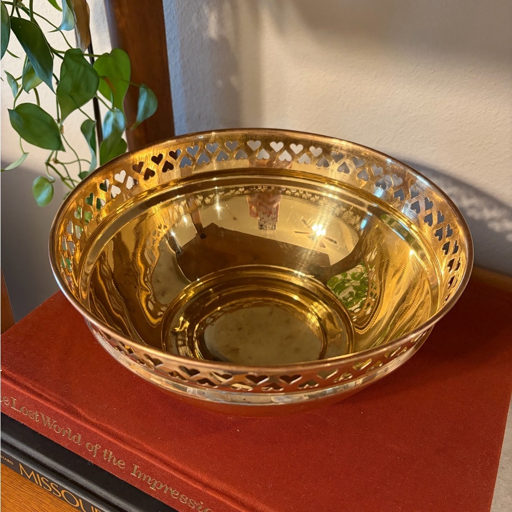 Vintage Brass Bowl Planter Pot with Heart Cutouts - Picture 4 of 10